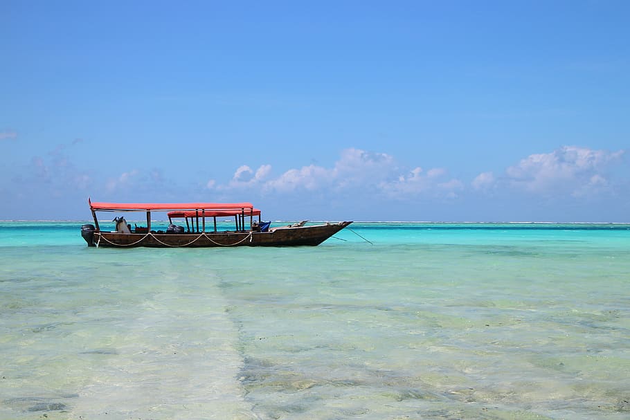 People on Black Boat Under Blue Sky at Daytime, beach, idyllic HD wallpaper