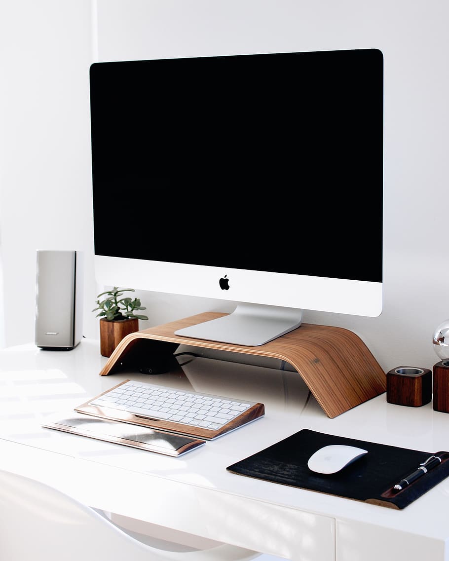 imac, keyboard, mouse, computer, speakers, desk, white, technology HD wallpaper