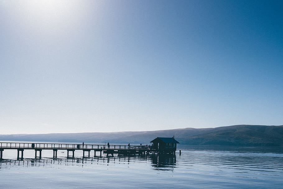lake, blue, sky, dock, hut, shack, dockhouse, ripple, water HD wallpaper
