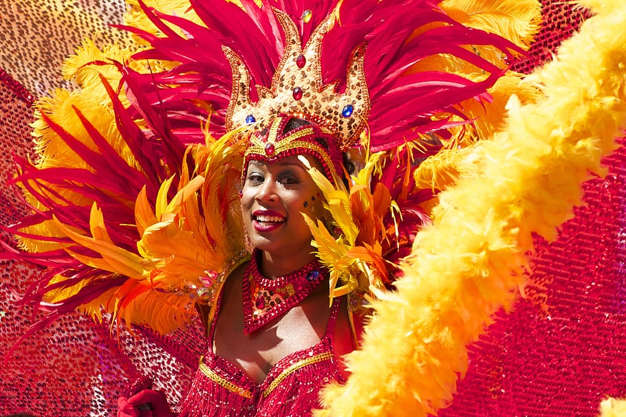 Woman Wearing Yellow Pink Costume, brazil, cariwest, carnival