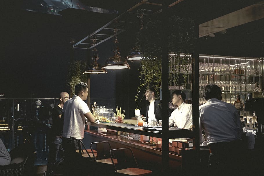 men sitting on bar stools, human, person, restaurant, pub, bar counter HD wallpaper