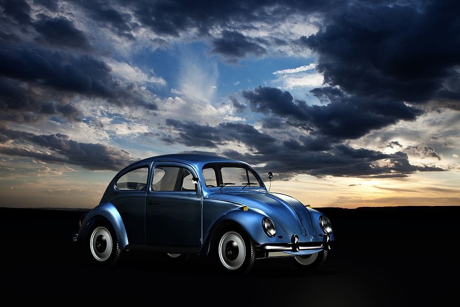 Blue Volkswagen Beetle Under Blue Sky and White Clouds during Golden Hour, HD wallpaper