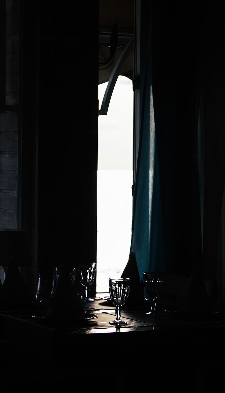 Clear Wine Glasses on Table, dark, indoors, light, shadow, curtain HD wallpaper