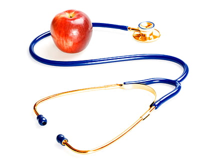 stethoscope, apple, background, cardiac, cardiology, care, closeup HD wallpaper