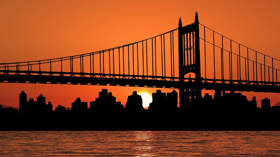 sunset, sea, bridge, america, water, ocean, sky, twilight, evening HD wallpaper
