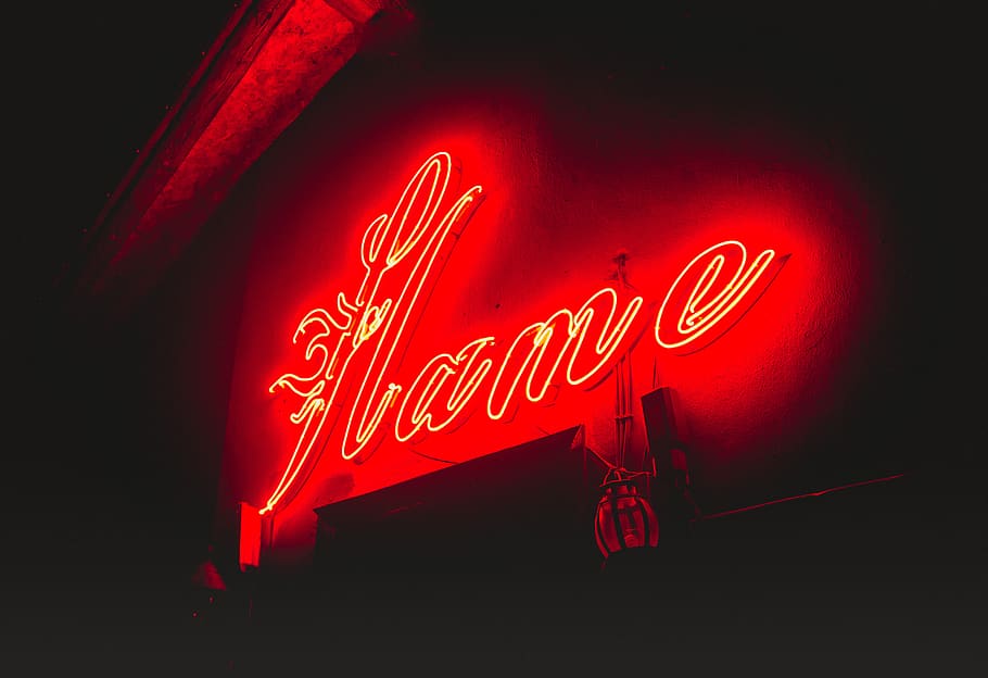 Flame neon light signage, street, red, bar, lighting, text, club, HD wallpaper