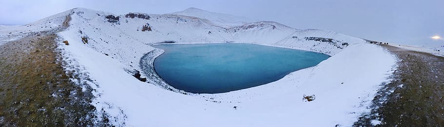 Blue Lake in the Middle of Snowfield, clouds, cold, daylight, HD wallpaper