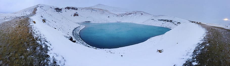 Blue Lake in the Middle of Snowfield, clouds, cold, daylight HD wallpaper