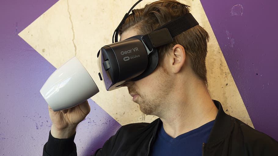 Man Wearing Virtual Reality Headset And Holding A Mug, cup, person HD wallpaper