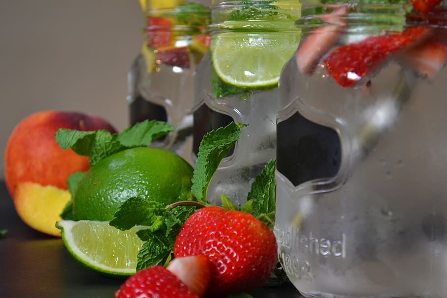 fruit, drinks, summer, refreshing, cold, mint, food, mason jars HD wallpaper