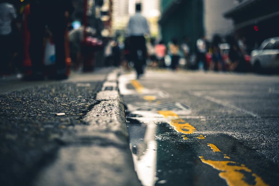 still, street, sidewalk, gutter, canal, water, puddle, line HD wallpaper