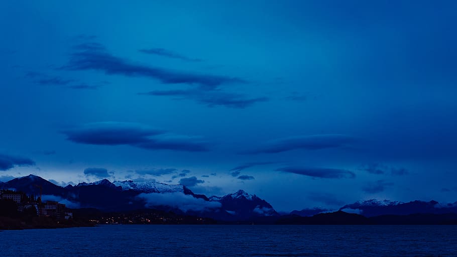 cold, dark, blue, sunset, bluehour, blue hour, mountain, snow, HD wallpaper
