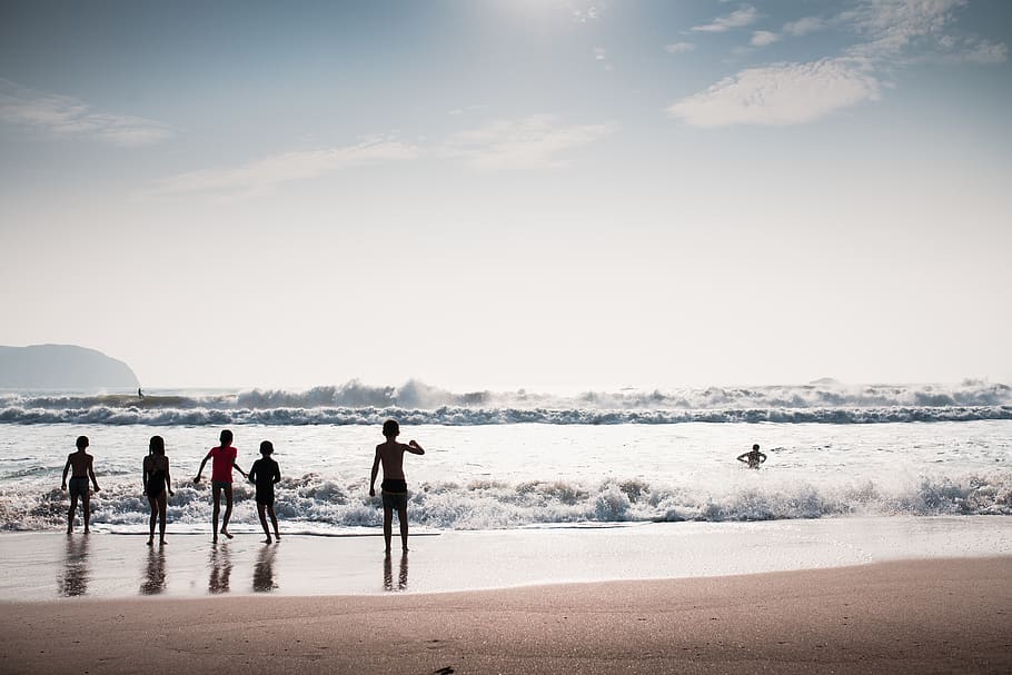 Five Child Playing in the Beach, enjoyment, fun, landscape, leisure HD wallpaper