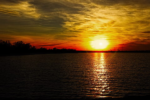 landscape, sunset, lake, clouds, dramatic, sky, water, nature HD wallpaper