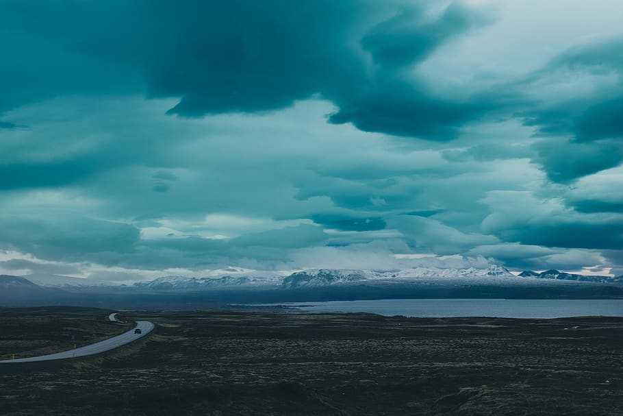 lake, clouds, mountains, road, moody, iceland, cloud - sky HD wallpaper
