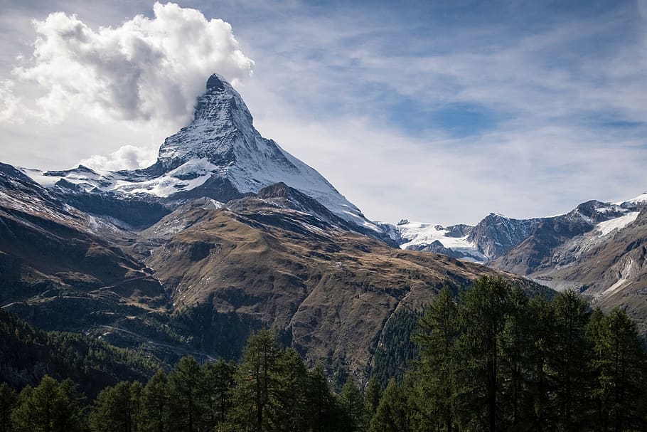 mountain, hills, peaks, summit, landscape, nature, trees, sky HD wallpaper