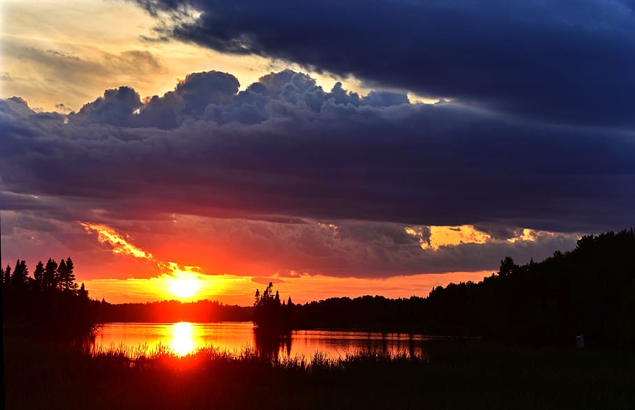 sunset, landscape, nature, sky, water, clouds, lake, trees HD wallpaper