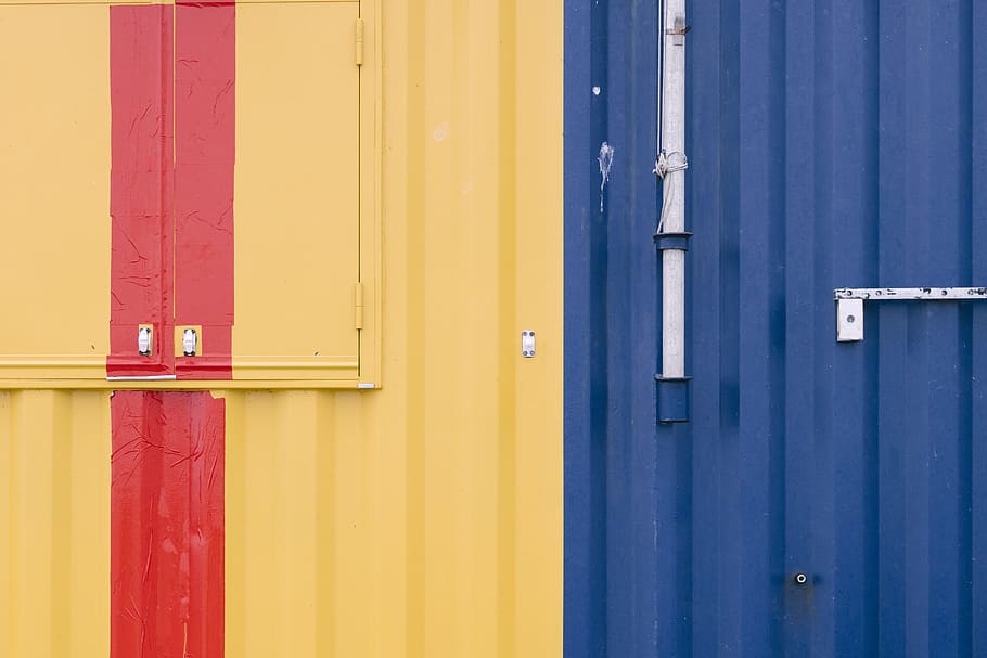 door, texture, surface, steel, metal, color, yellow, red, blue HD wallpaper