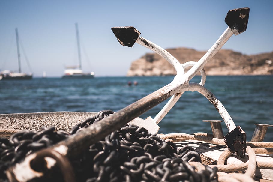 White and Black Anchor With Chain at Daytime, beach, boat, clouds HD wallpaper
