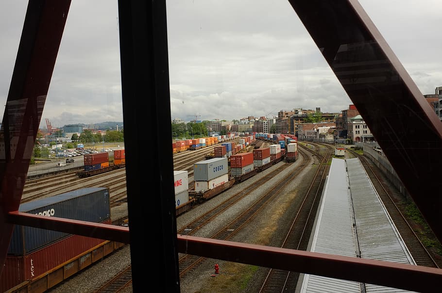 canada, vancouver, shipping container, train tracks, cargo train HD wallpaper