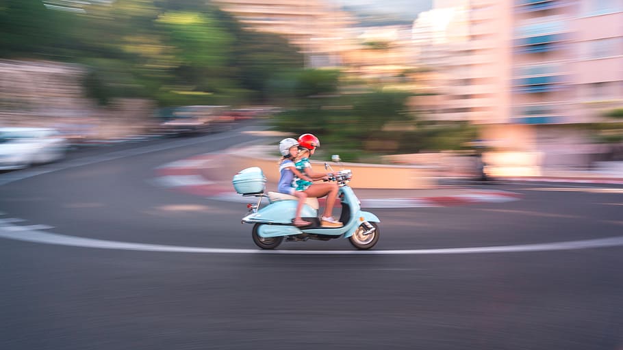two people riding with blue motor scooter at the city, human, HD wallpaper