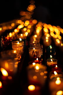lighted candles, fire, vigil, diwali, yellow, easter, contrast HD wallpaper