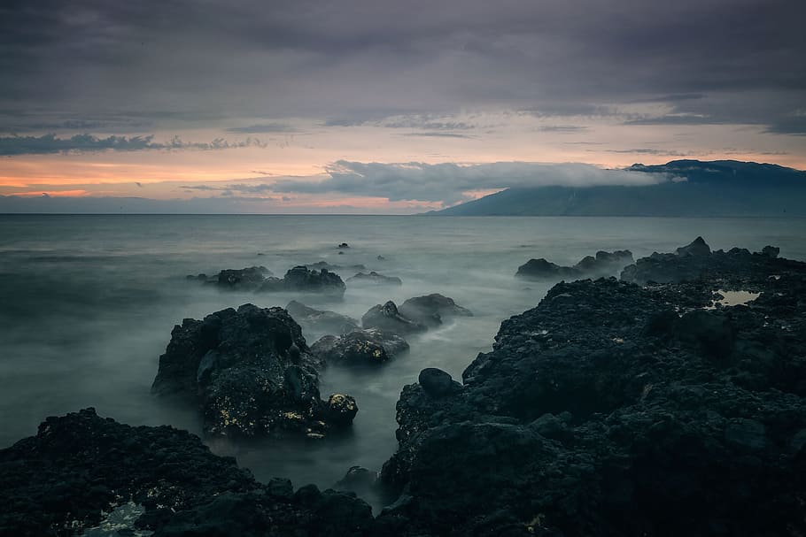 Rocks on Seashore, beach, clouds, dawn, dusk, evening, fog, hawaii HD wallpaper