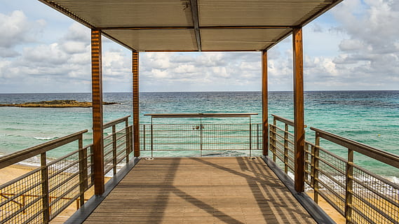 platform, deck, sea, horizon, sky, clouds, view, beach, fig tree bay HD wallpaper