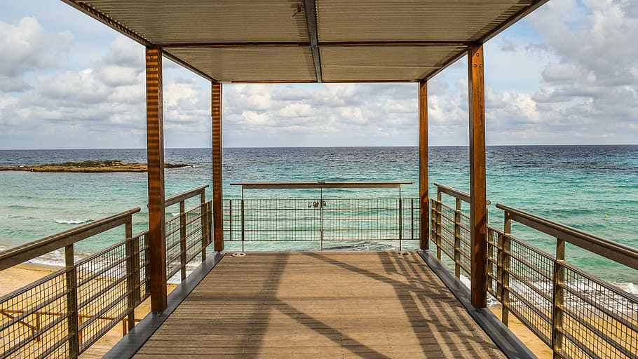 platform, deck, sea, horizon, sky, clouds, view, beach, fig tree bay HD wallpaper