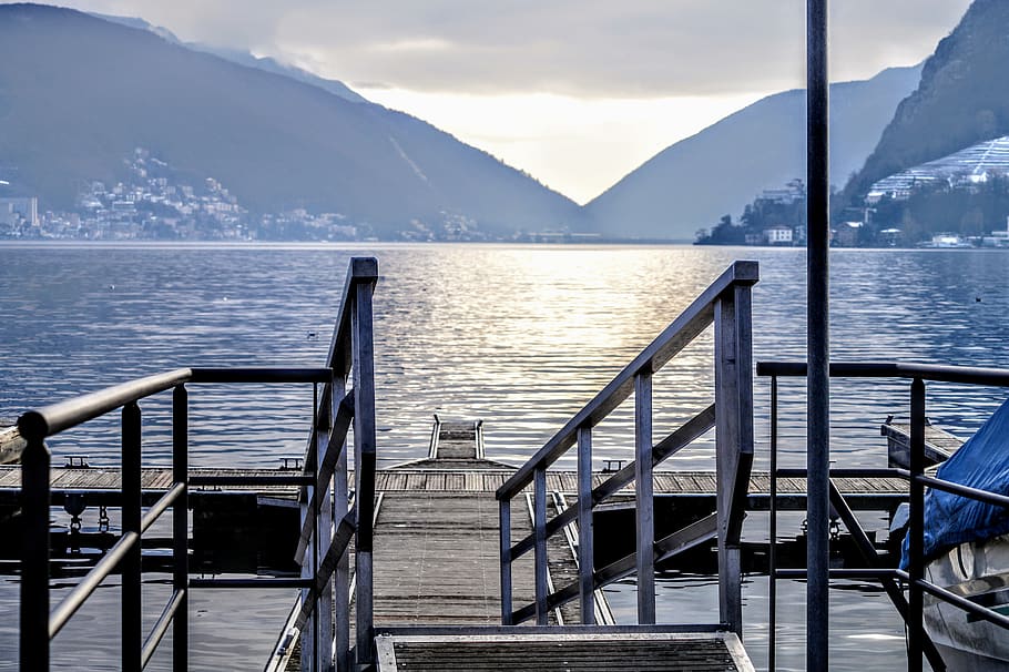 switzerland, lugano, water, mountain, railing, cloud - sky HD wallpaper