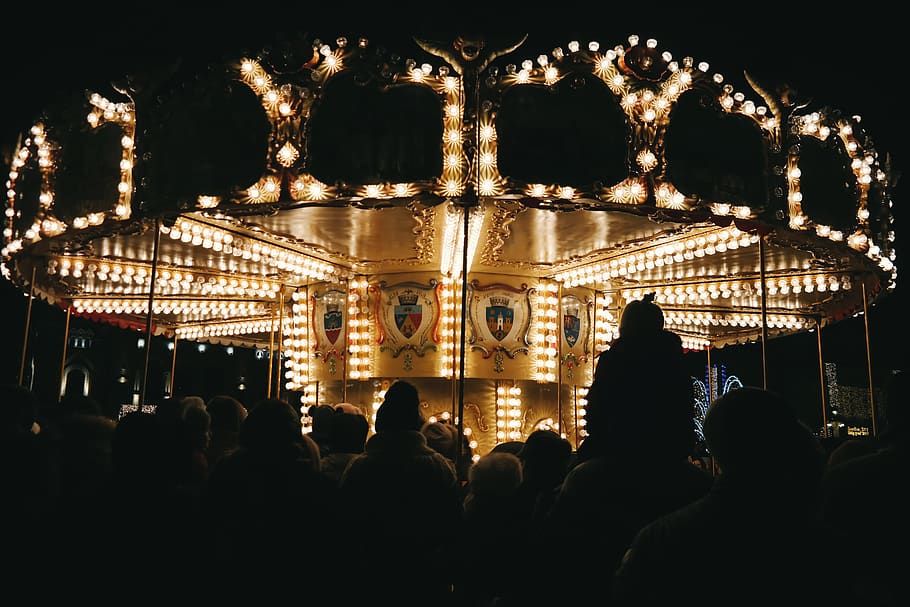 dark, night, lights, ride, amusement, park, people, crowd, women HD wallpaper