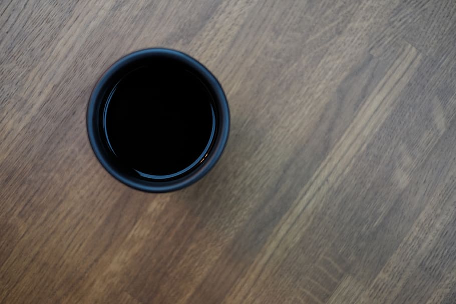 Black Plastic Cup in Top of Brown Wooden Surface, beverage, dark HD wallpaper