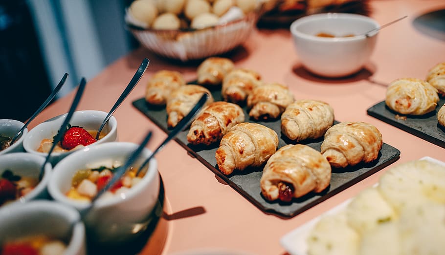 croissants on table, food, pottery, meal, dessert, dish, shop HD wallpaper