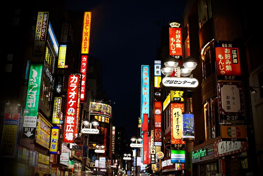 japan, tokyo, illuminated, text, night, building exterior, architecture HD wallpaper