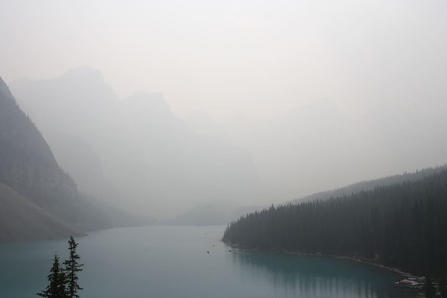 mountain covered with fogs, canada, moraine lake, mist, weather HD wallpaper