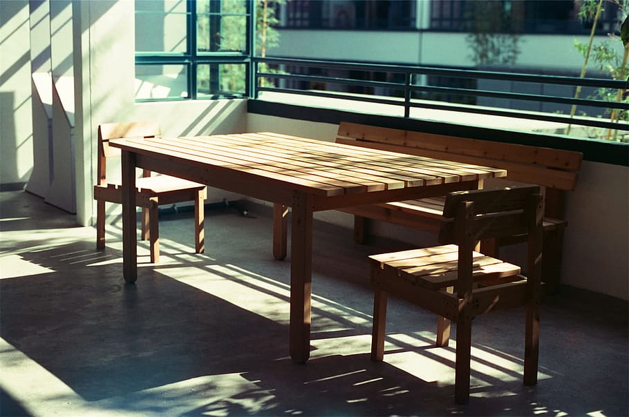 wood, table, chairs, bench, sunlight, balcony, seat, absence HD wallpaper