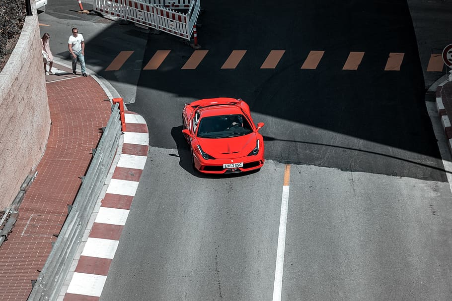 red car on street, asphalt, tarmac, human, person, vehicle, transportation HD wallpaper
