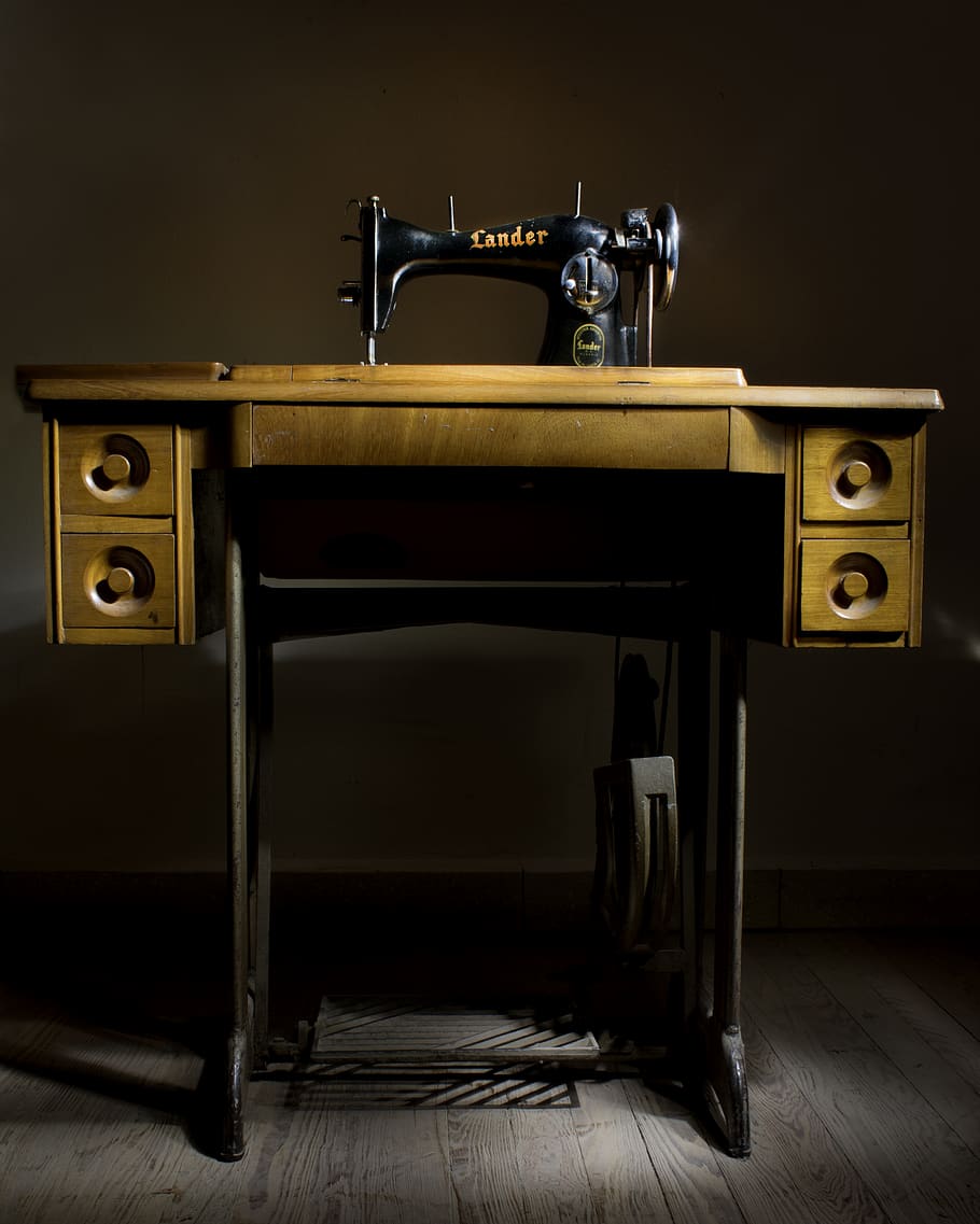 black Lander sewing machine, indoors, wood - material, no people HD wallpaper