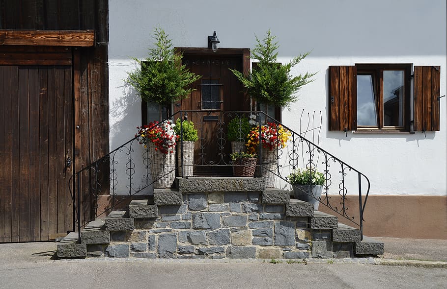 Brown Wooden Door in Front of Bricked Stairs, architecture, building HD wallpaper