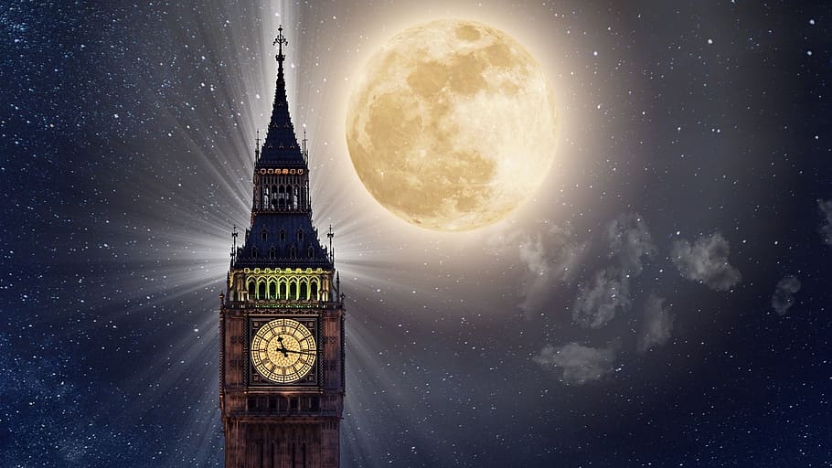 big ben, full moon, tower, night, moonlight, london, romantic, HD wallpaper