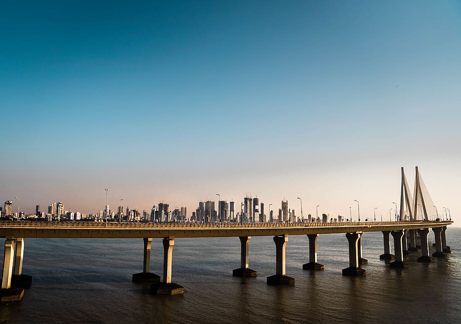 concrete bridge, water, waterfront, pier, dock, port, building HD wallpaper
