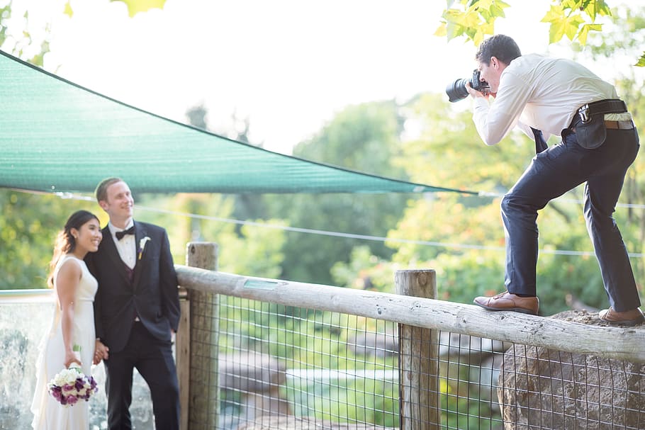 Male Standing On Fence, affection, couple, fun, girl, groom, happiness HD wallpaper