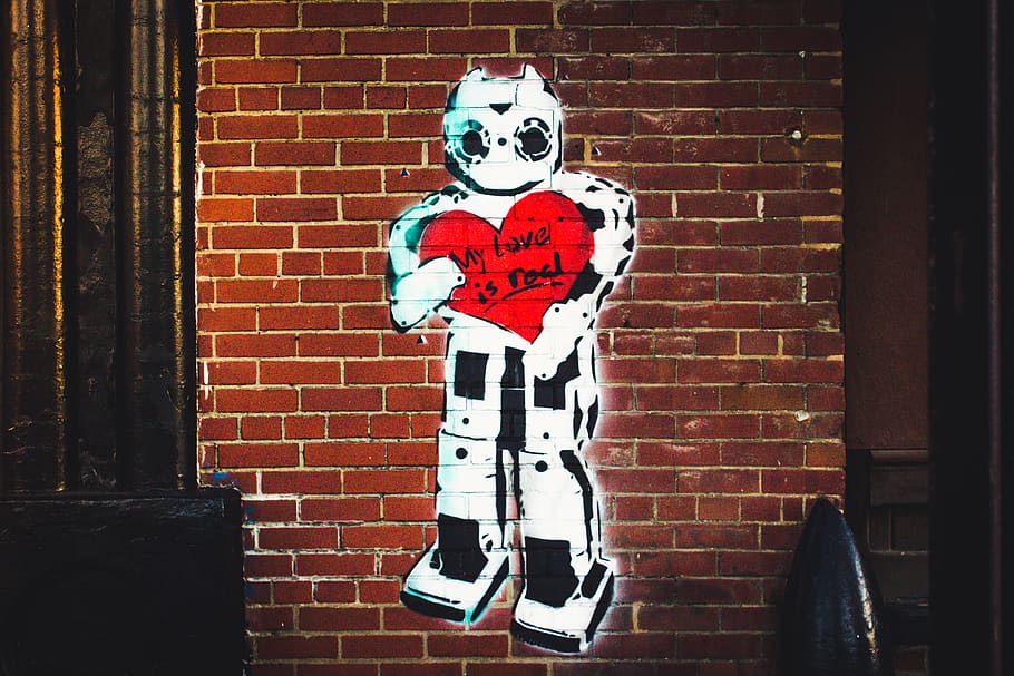 white robot painted brick wall, human, person, cleveland, my love is real artwork HD wallpaper