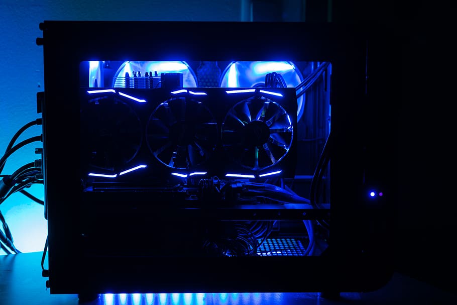 black computer tower inside dark room, technology, no people HD wallpaper