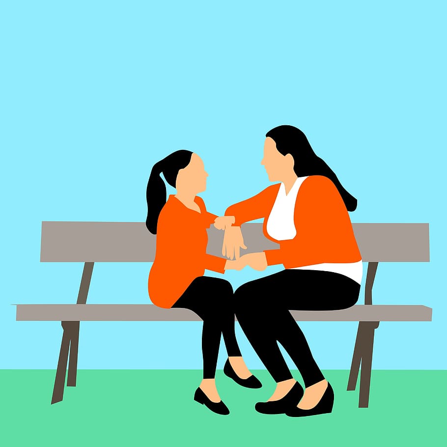 Mother and daughter illustration - sitting on a bench in a park., HD wallpaper