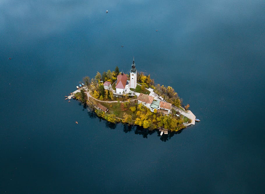 lighthouse on green islet with trees, water, nature, sea, no people HD wallpaper