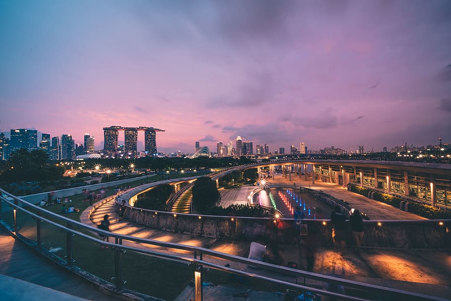 city during night time, road, building, urban, singapore, way HD wallpaper