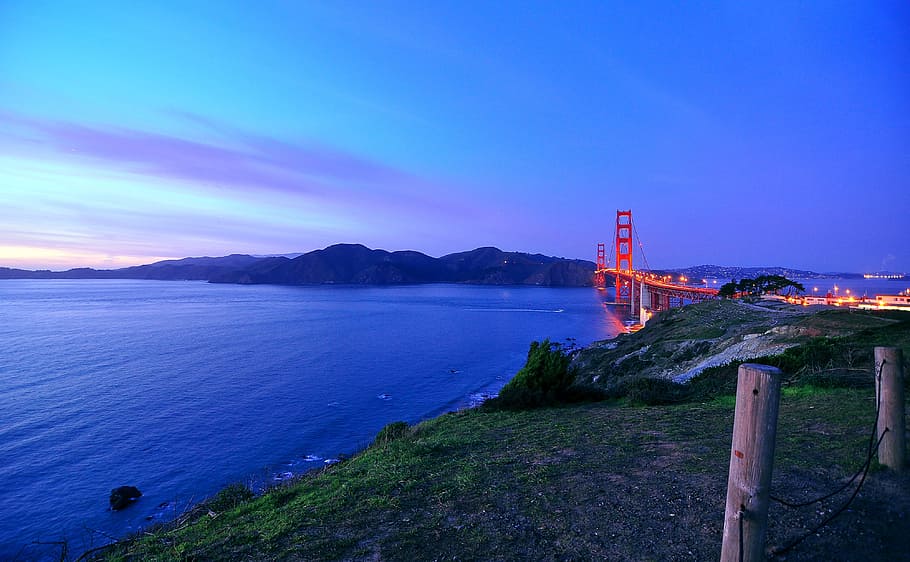 Golden Gate Bridge at night, blue, coast, evening, hills, journey HD wallpaper