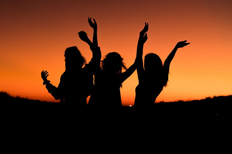 orange, sky, sunset, silhouette, people, girls, women, happy HD wallpaper