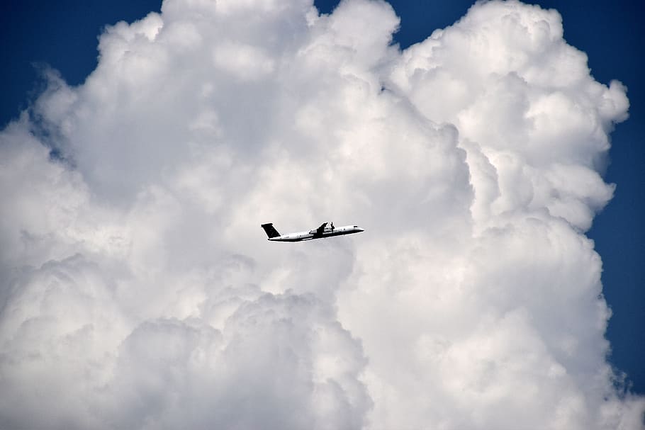white airplane fly over clouds, sky, outdoors, nature, cumulus HD wallpaper